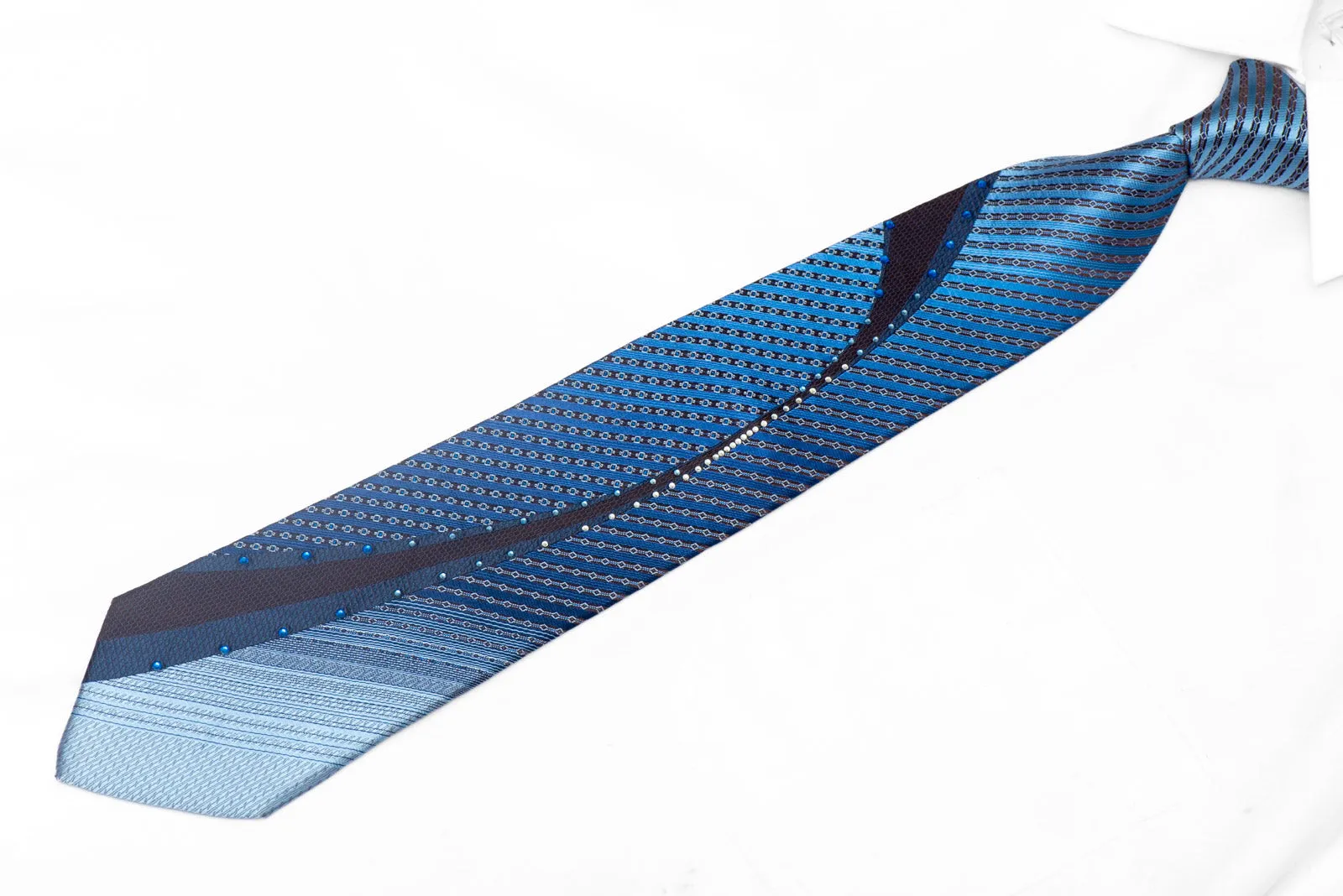 Blue Brown Geometric Wave On Navy Blue Rhinestone Tie With Blue Sparkles