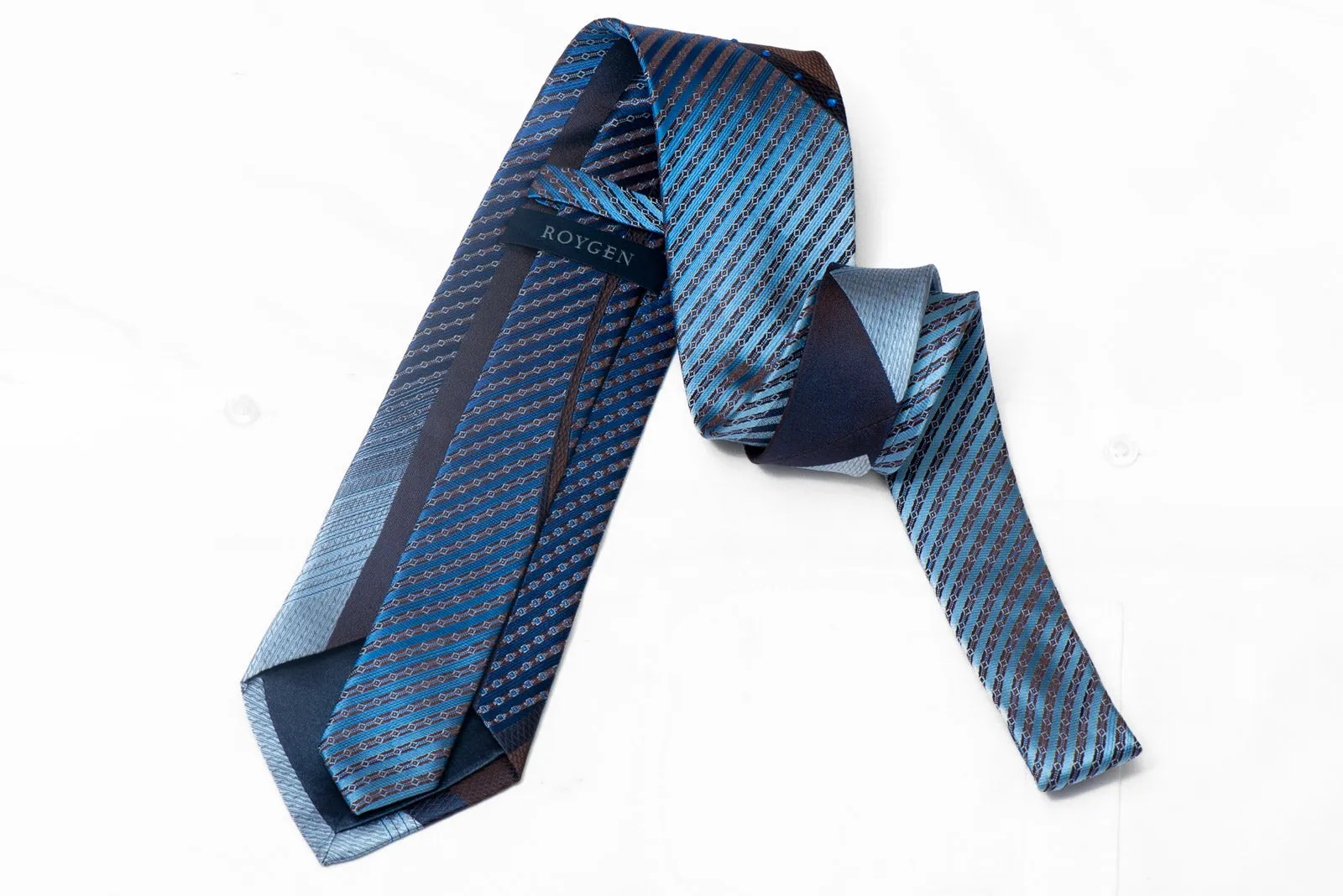 Blue Brown Geometric Wave On Navy Blue Rhinestone Tie With Blue Sparkles