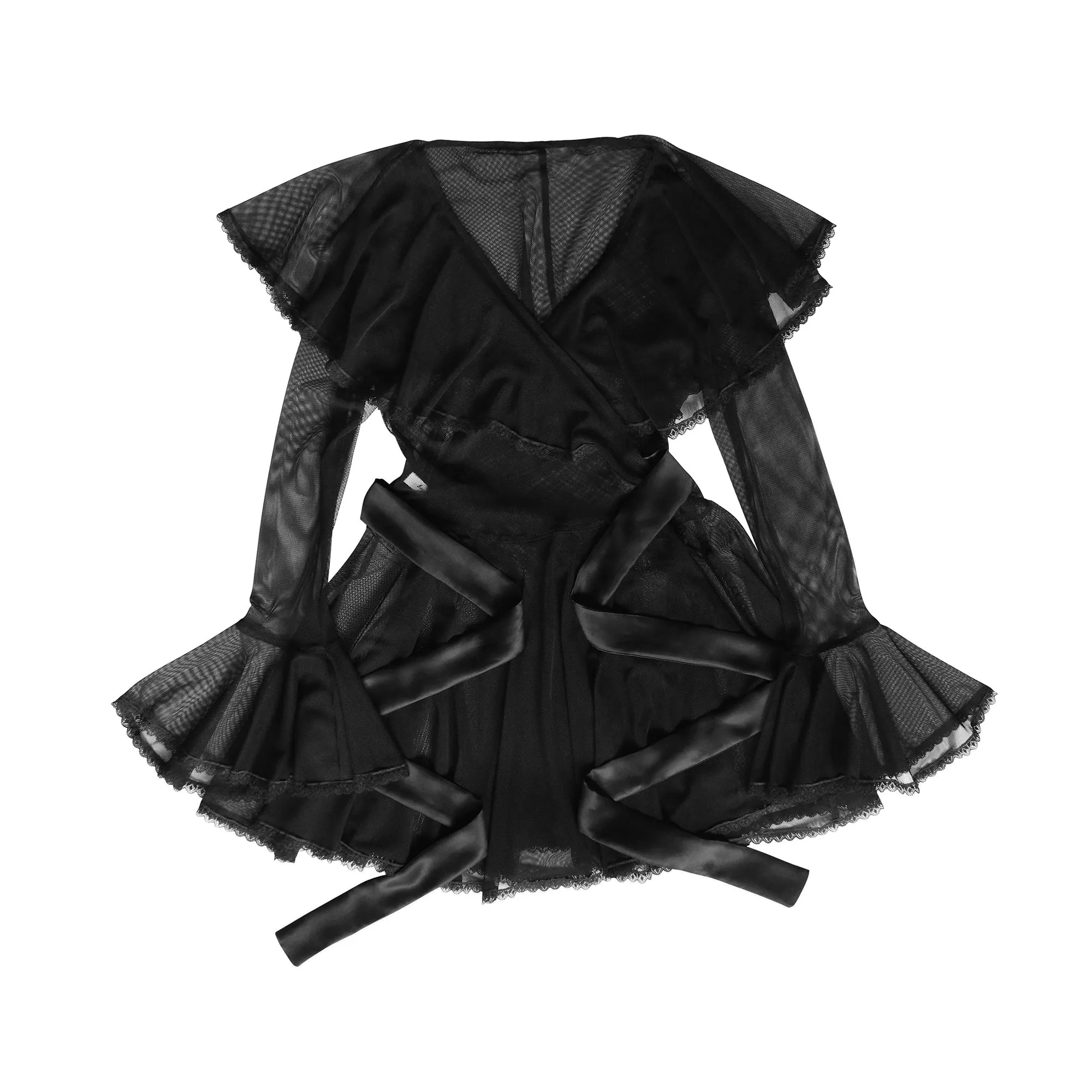 Claudette Robe Black Mesh with Lace Trim