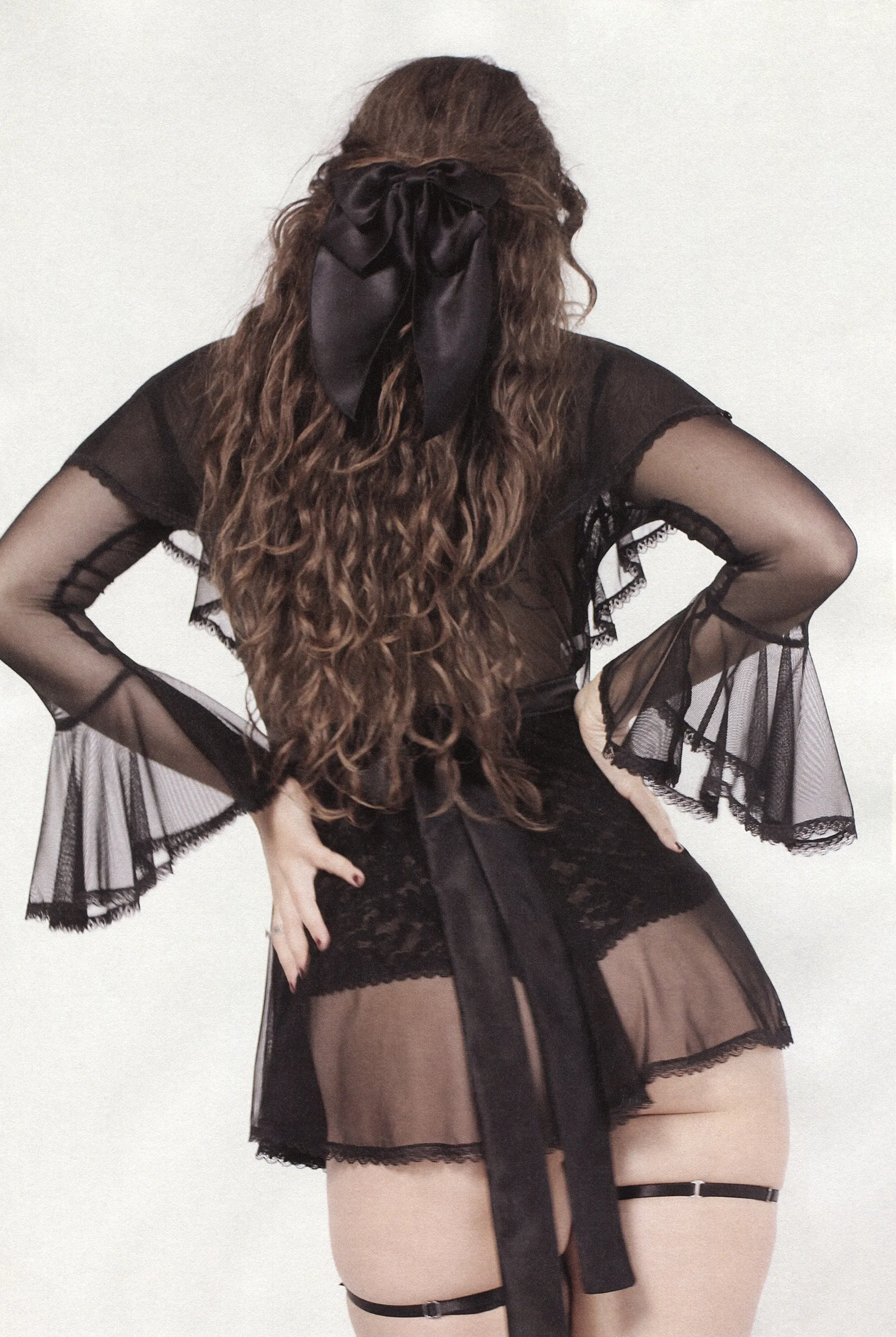 Claudette Robe Black Mesh with Lace Trim