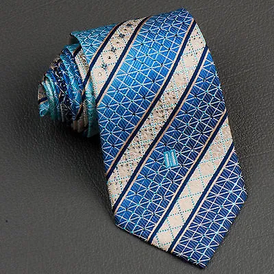 Daks Silk Neck Tie Blue Cream Striped With Lattice & Rhinestones Classic