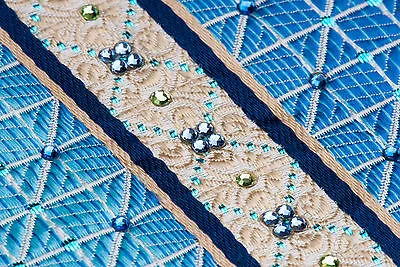 Daks Silk Neck Tie Blue Cream Striped With Lattice & Rhinestones Classic