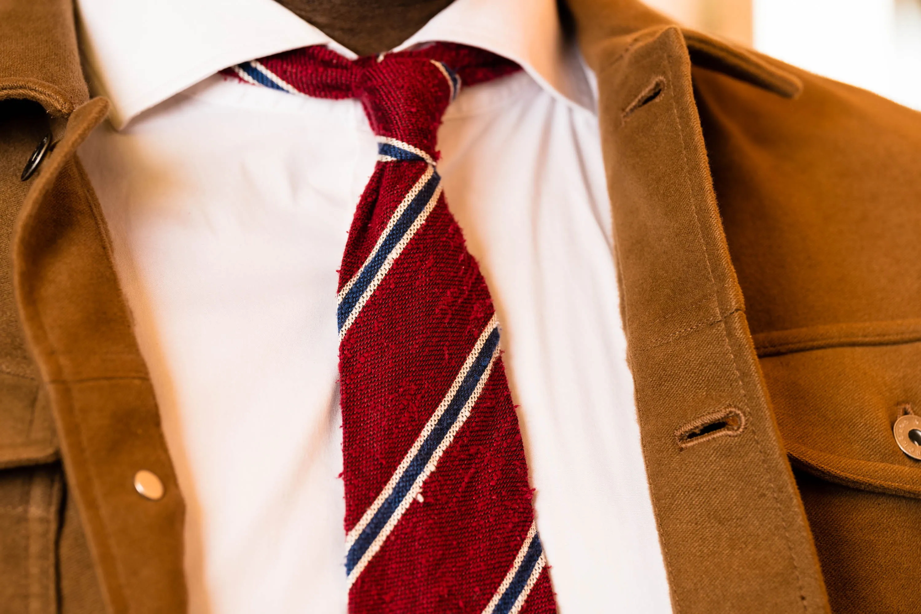 Dark Red & Blue Striped Shantung Silk Tie