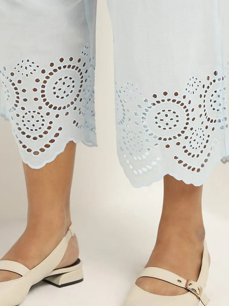 Diza Light Blue Cotton Cutwork Pants
