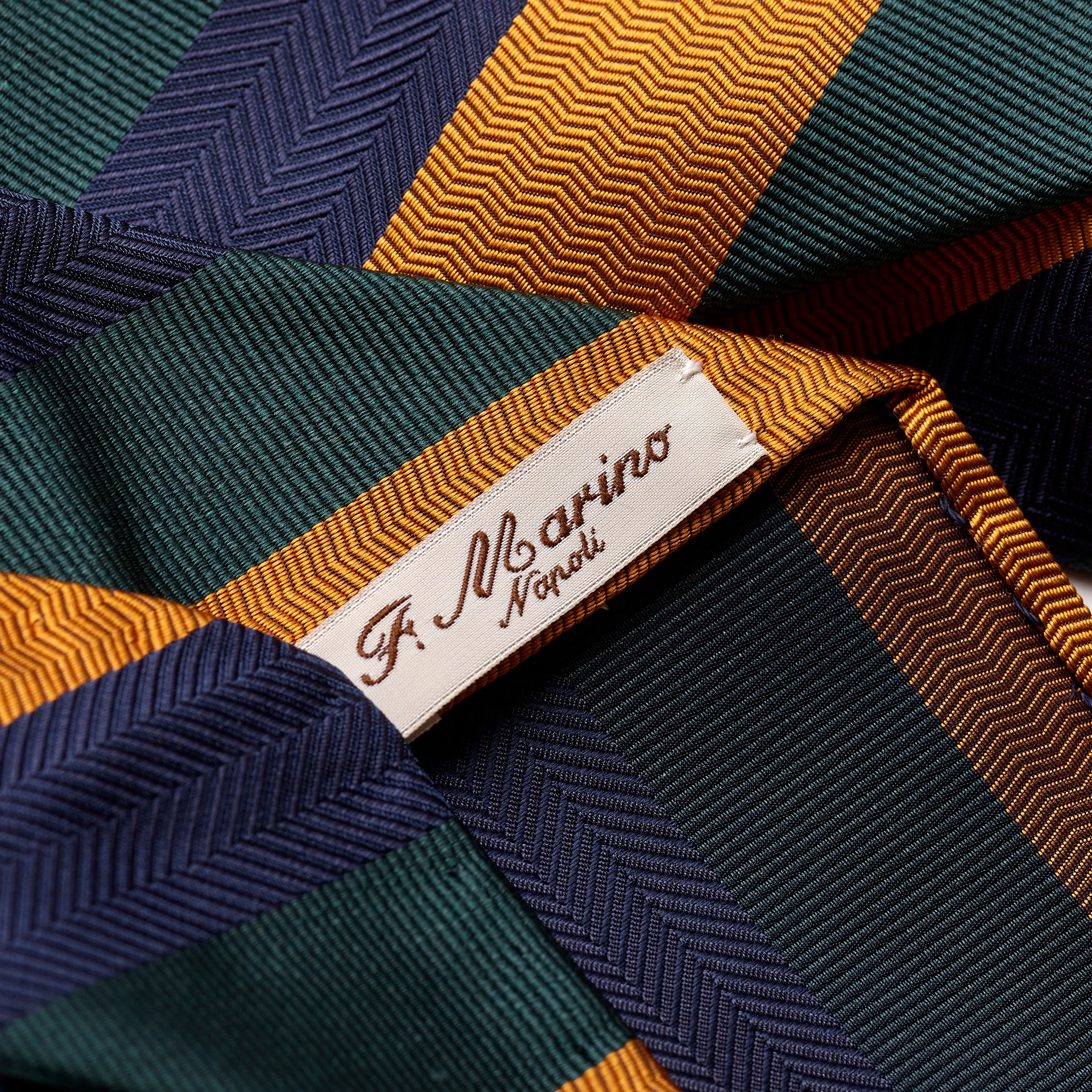 F. Marino 4 Fold Navy, Green & Gold Stripe Silk Tie