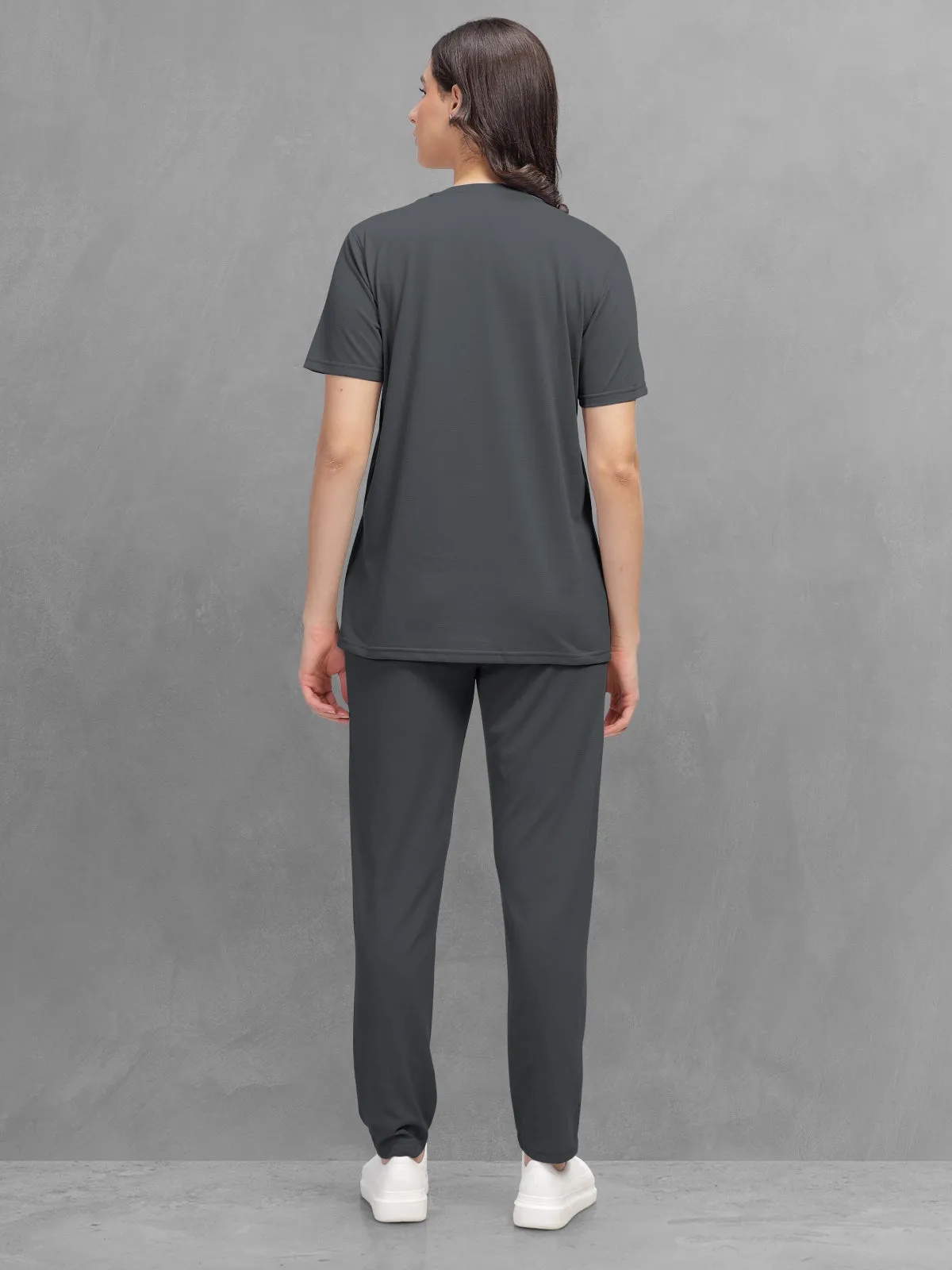 HELLCAT Grey Trendy Printed / Solid T shirt with Pants Lounge Wear / Coords / Clothing Set for Women