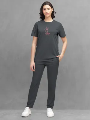HELLCAT Grey Trendy Printed / Solid T shirt with Pants Lounge Wear / Coords / Clothing Set for Women