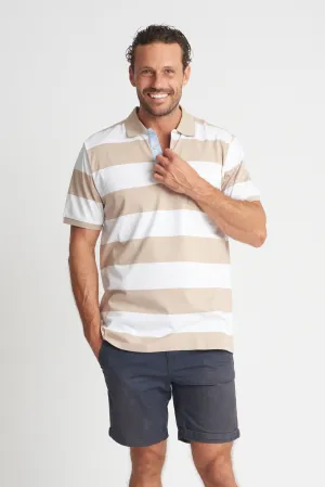 Mens Cotton Stripe Polo White/Hummus