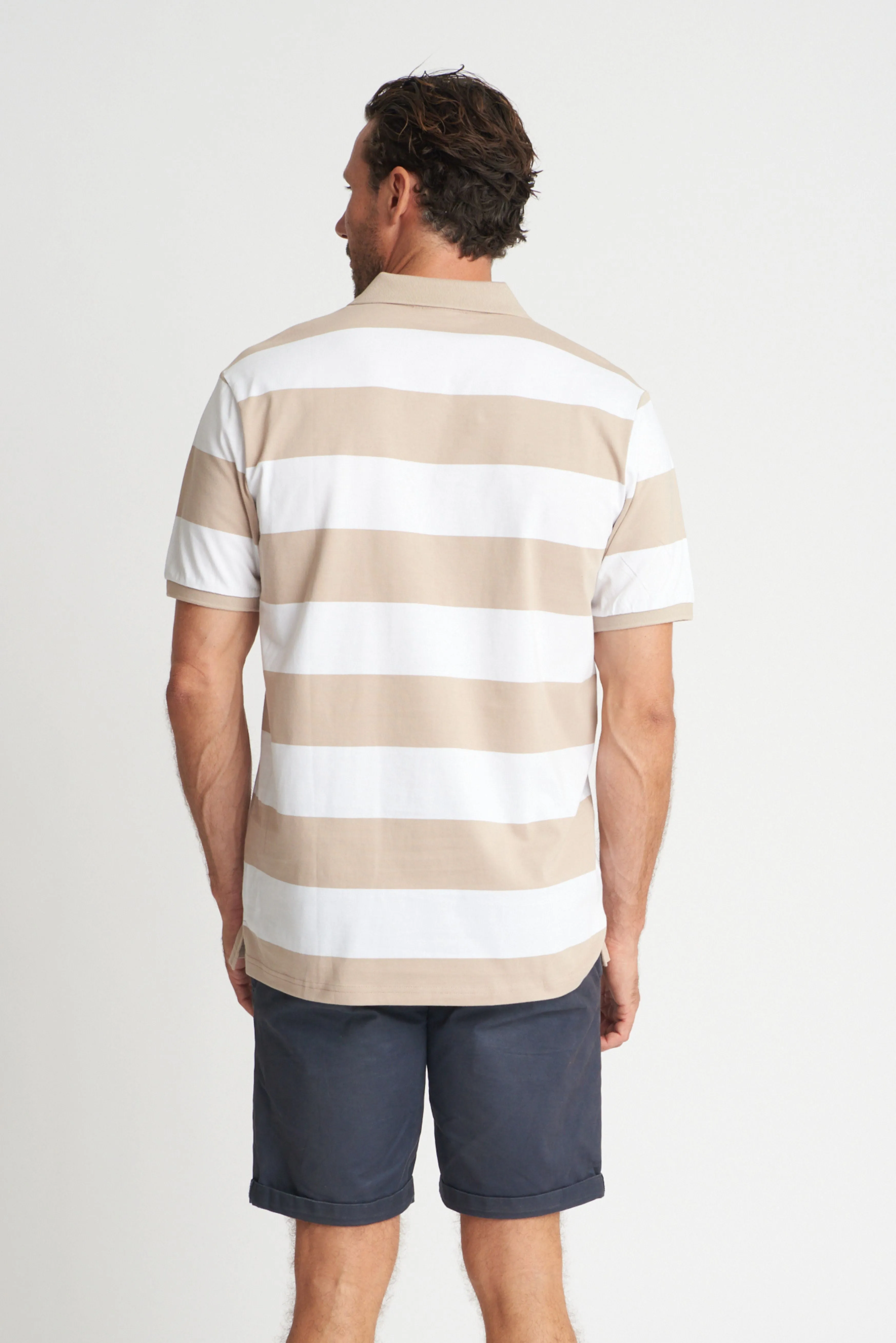 Mens Cotton Stripe Polo White/Hummus