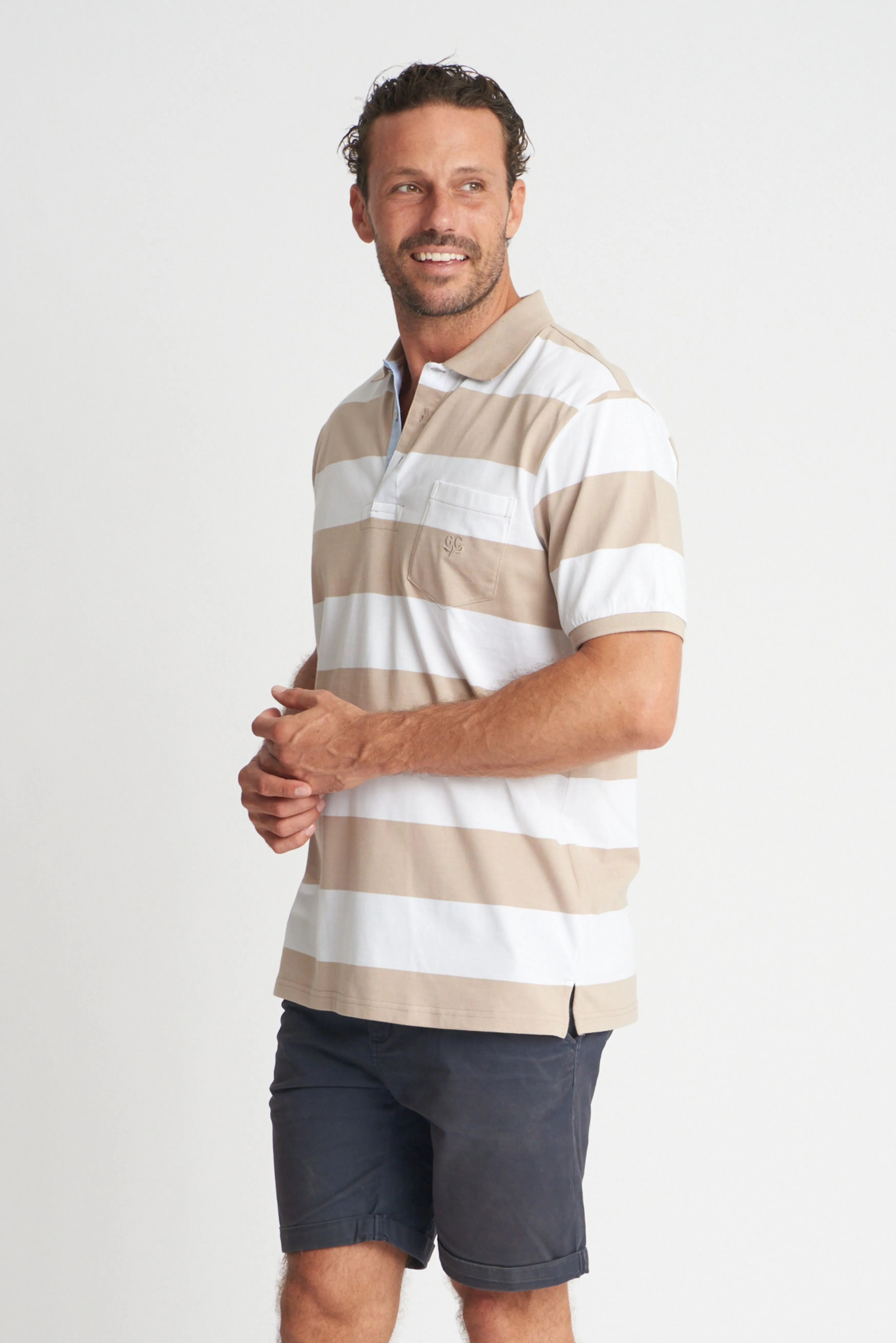 Mens Cotton Stripe Polo White/Hummus