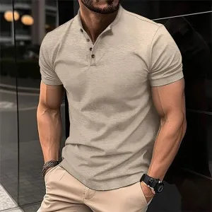 Men's POLO shirt button Henry collar short-sleeved pullover casual sports solid color stand collar trend T-shirt