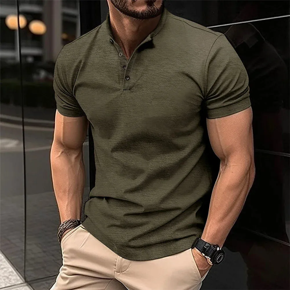 Men's POLO shirt button Henry collar short-sleeved pullover casual sports solid color stand collar trend T-shirt