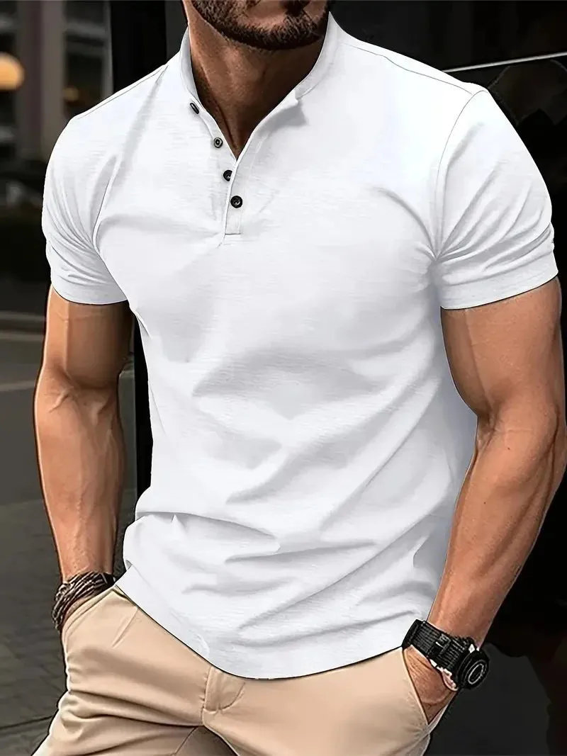 Men's POLO shirt button Henry collar short-sleeved pullover casual sports solid color stand collar trend T-shirt