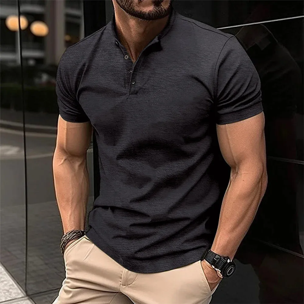 Men's POLO shirt button Henry collar short-sleeved pullover casual sports solid color stand collar trend T-shirt