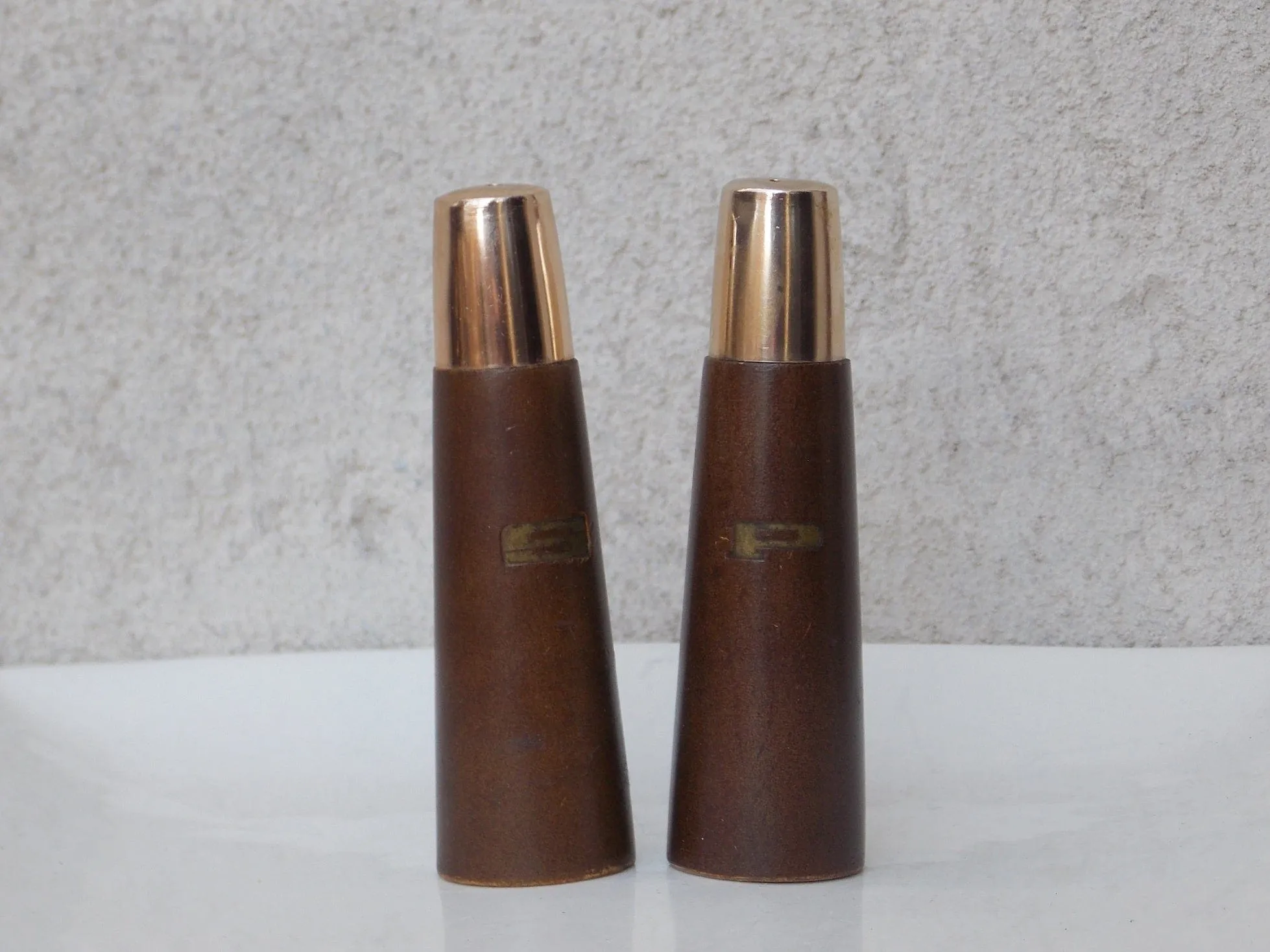 Mid Century Brown Gold Salt & Pepper Shakers, Wood, Made in Japan