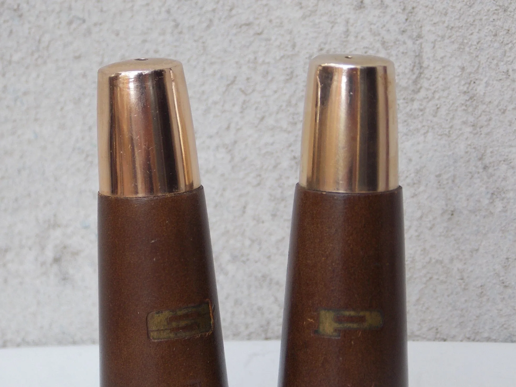 Mid Century Brown Gold Salt & Pepper Shakers, Wood, Made in Japan