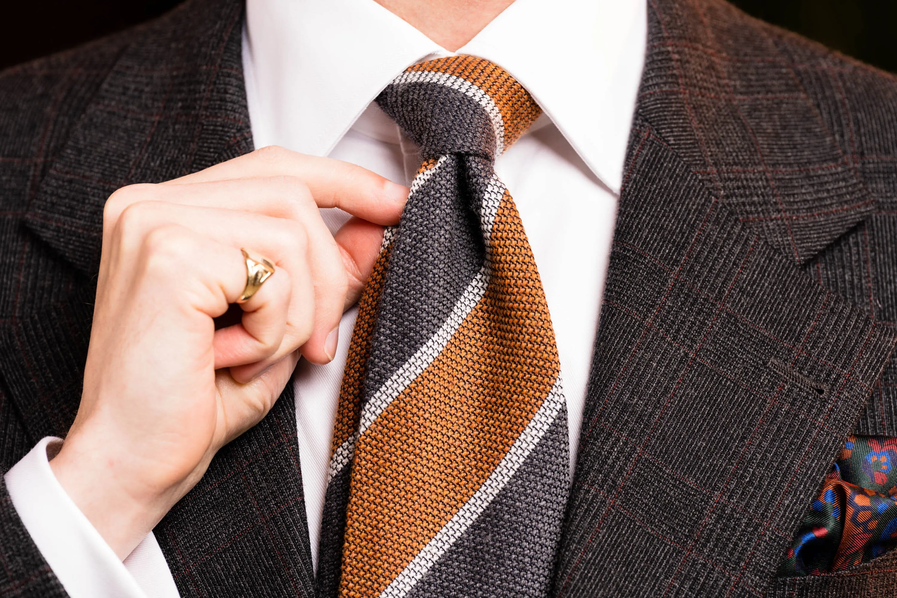 Orange & Gray Striped Cashmere Wool Grenadine Tie