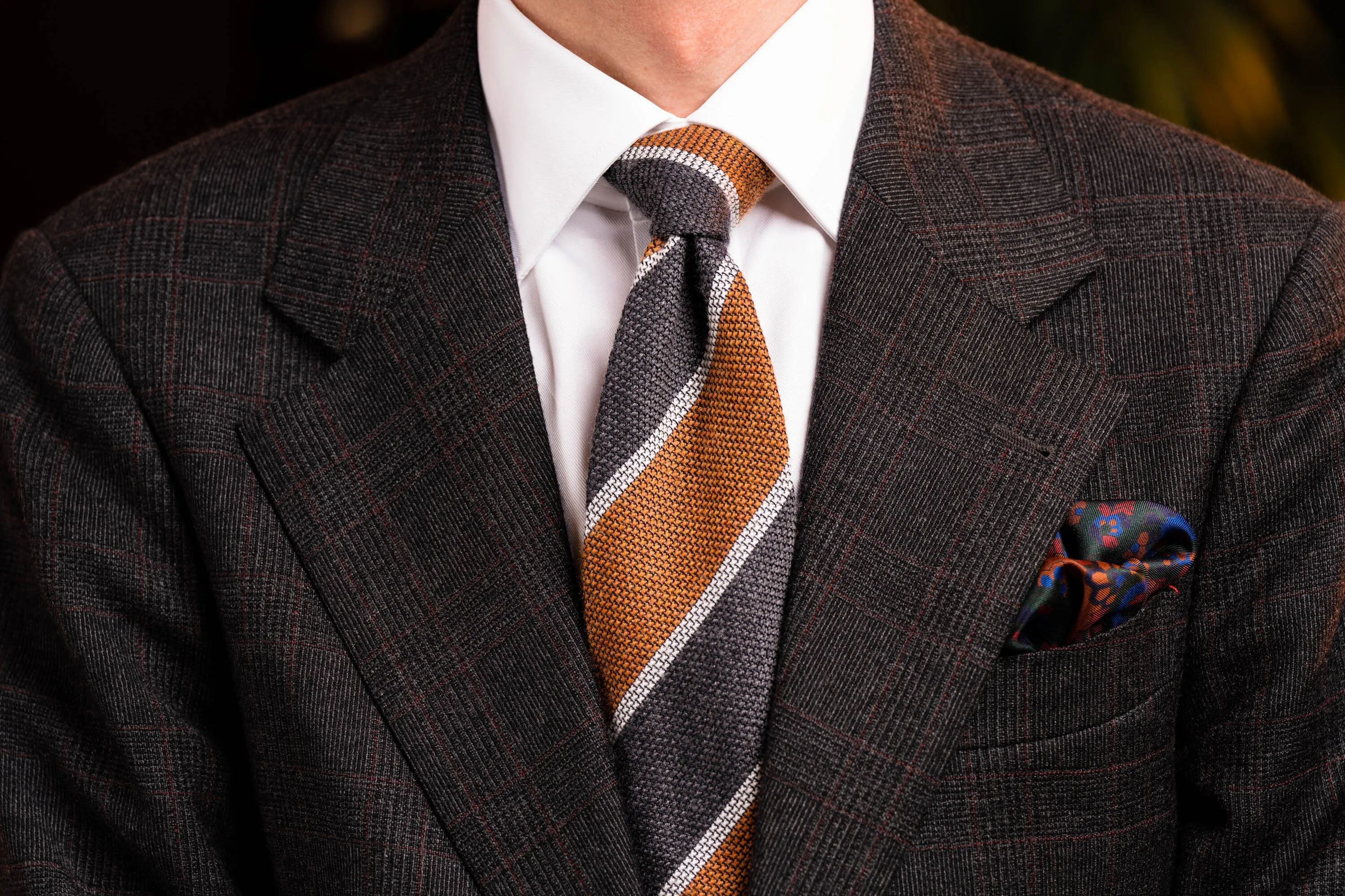 Orange & Gray Striped Cashmere Wool Grenadine Tie