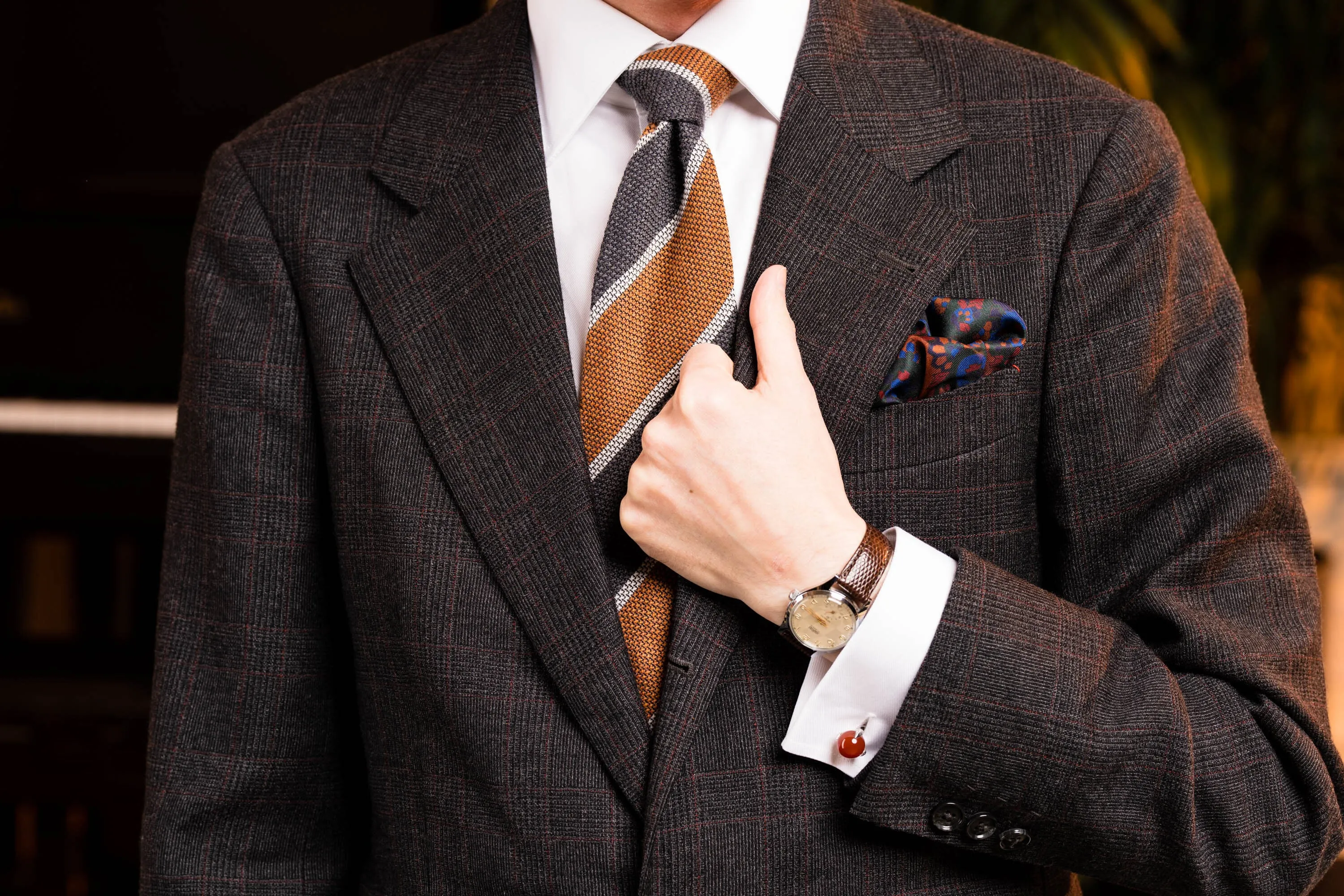 Orange & Gray Striped Cashmere Wool Grenadine Tie