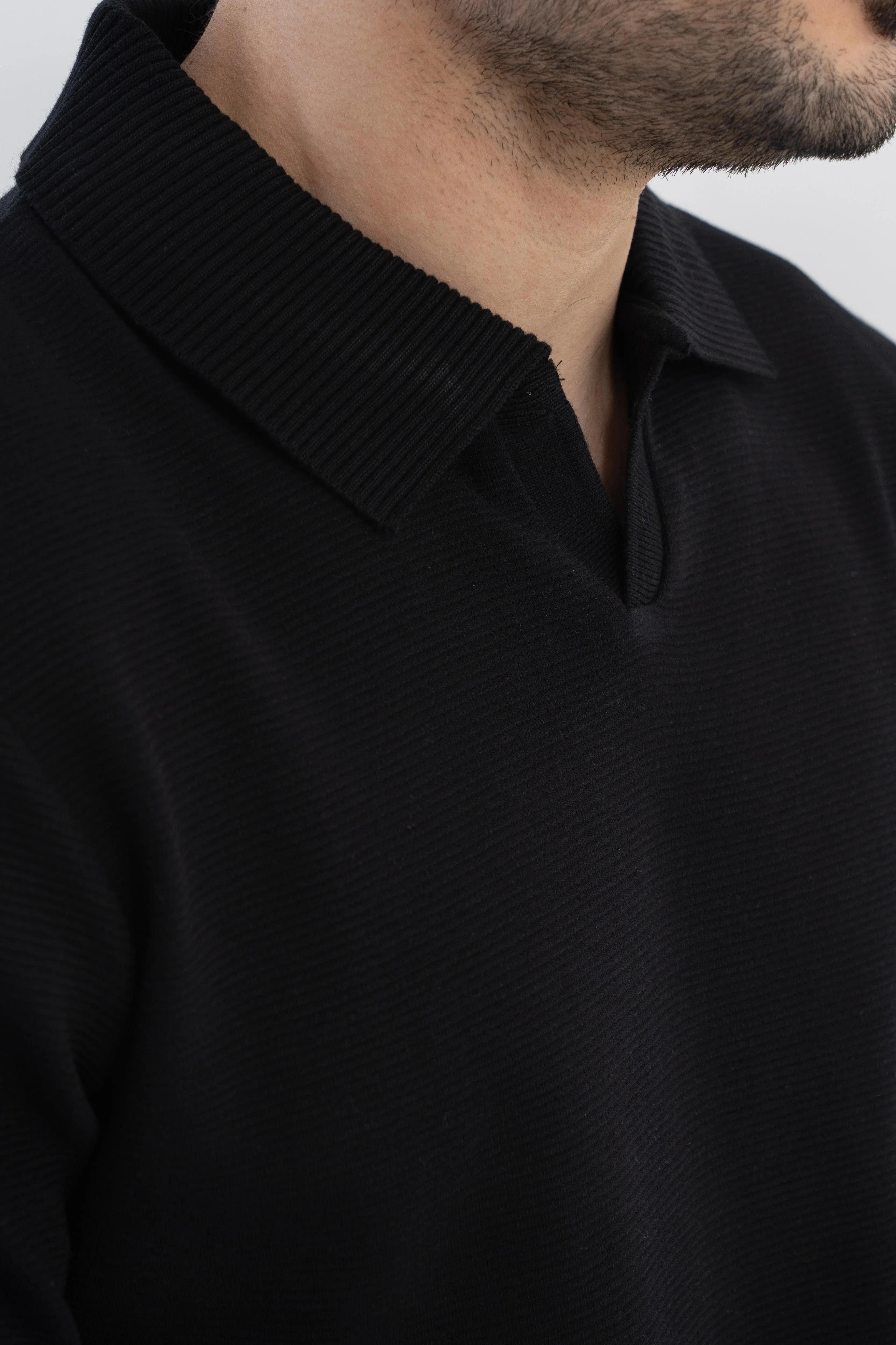 Ottoman Rib Knit Polo in Matt Black