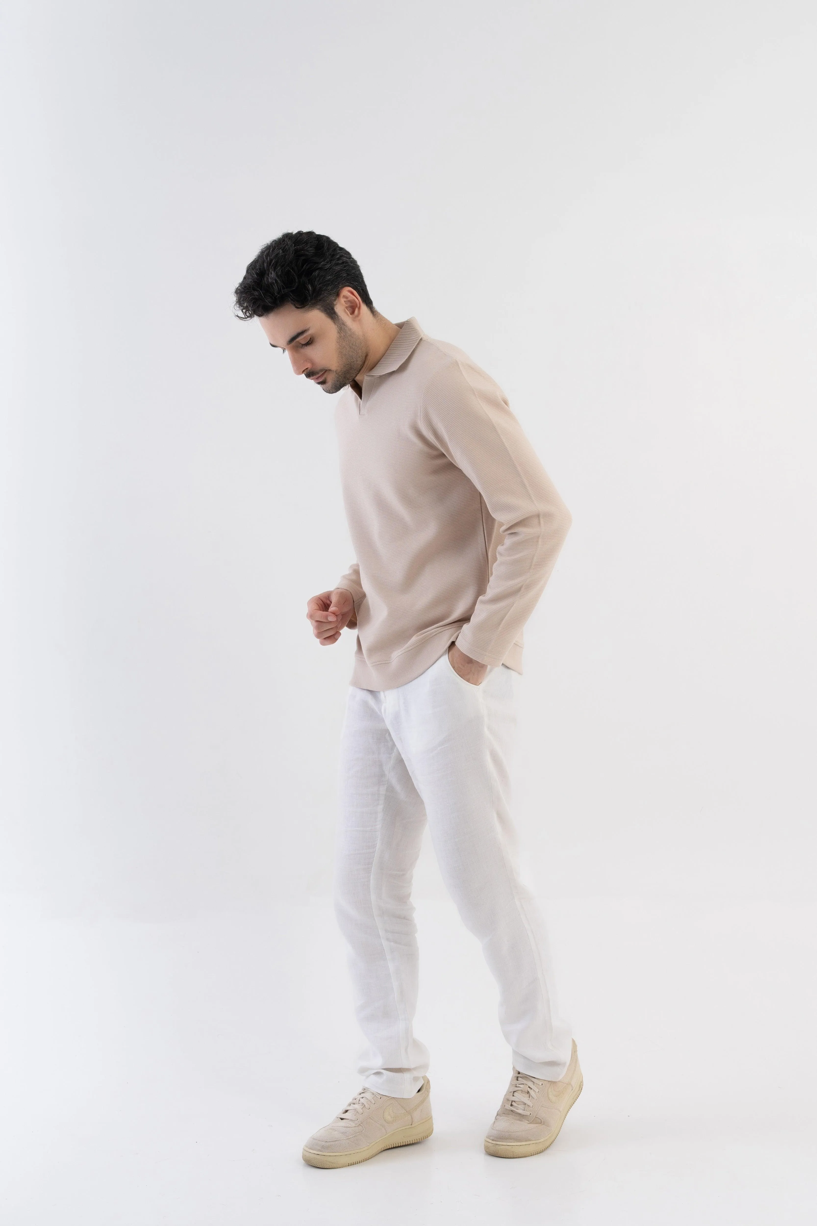 Ottoman Rib Knit Polo in Oatmeal Color