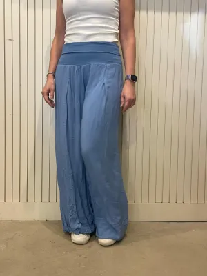 Pale Denim Sky Jersey Waist Wide Leg Palazzo Trousers