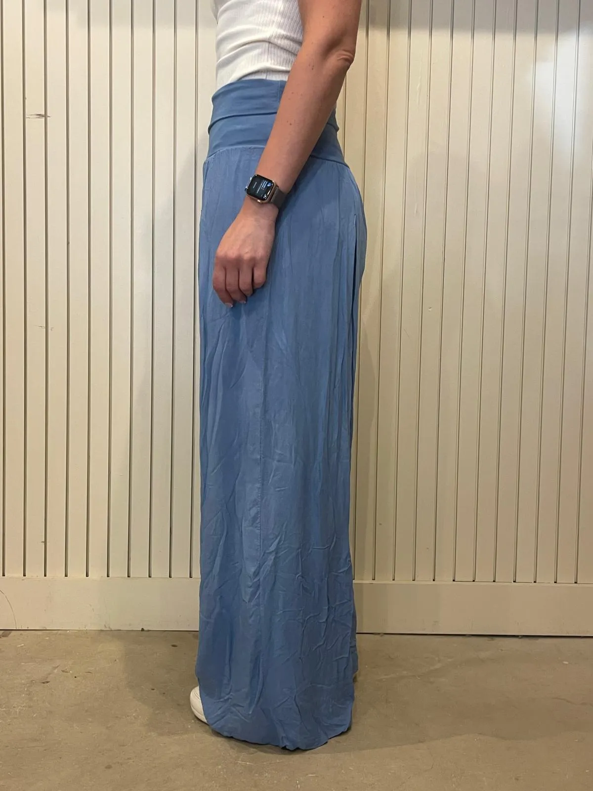 Pale Denim Sky Jersey Waist Wide Leg Palazzo Trousers