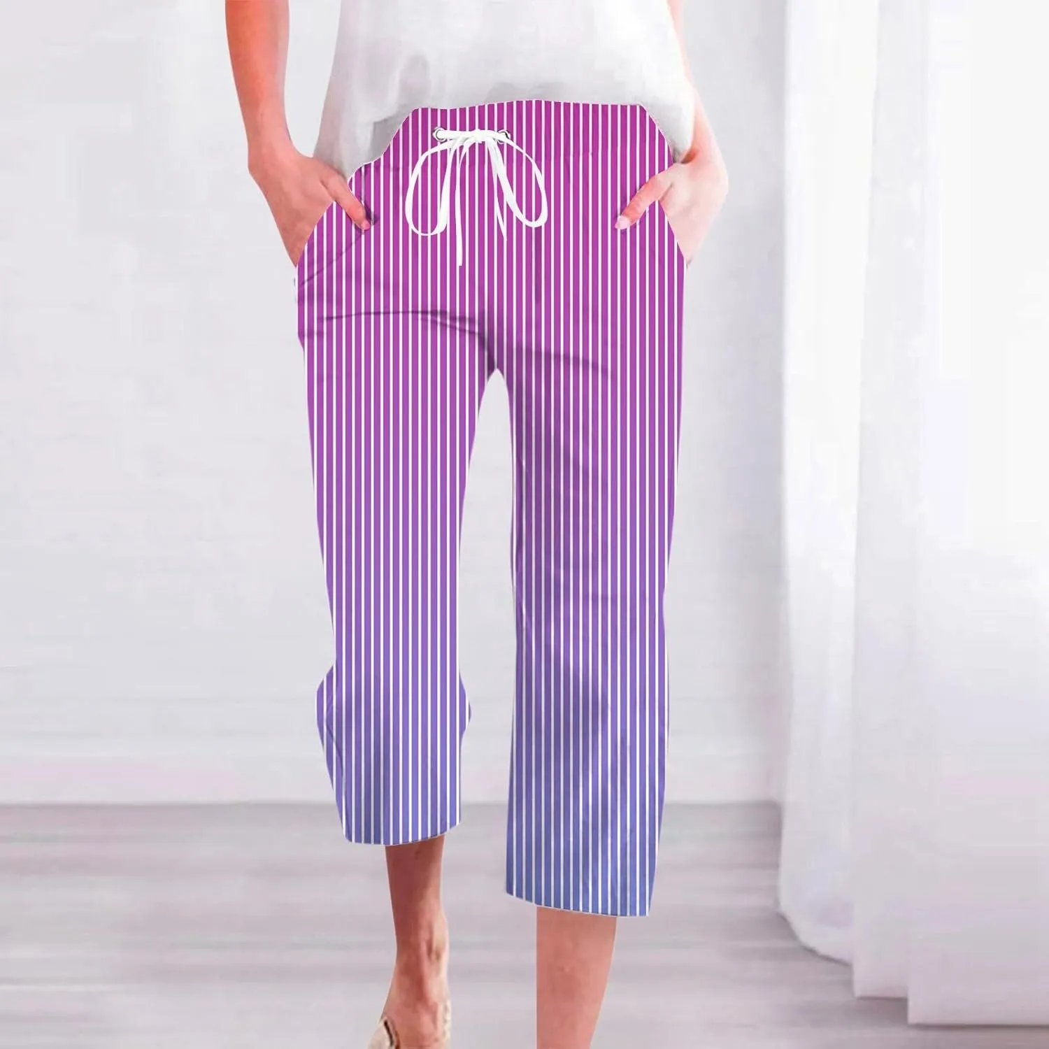 PTOLOCIF Cotton Linen Pants Women Drawstring Relaxed Fit Wide Leg Pants Cotton Linen Lounge Boho Trousers with Pockets