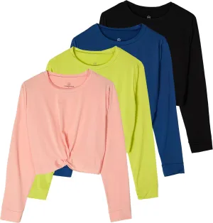 Real Essentials 4 Pack: Women's Dry-Fit Long-Sleeve Twist Front T-Shirt - Athletic Workout Yoga Tops (Available in Plus Size)