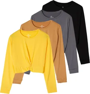 Real Essentials 4 Pack: Women's Dry-Fit Long-Sleeve Twist Front T-Shirt - Athletic Workout Yoga Tops (Available in Plus Size)
