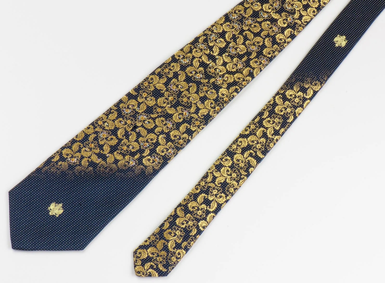 Renoma Rhinestone Tie Gold Floral Design On Navy Blue Silk Classic 3 1/2 Inch