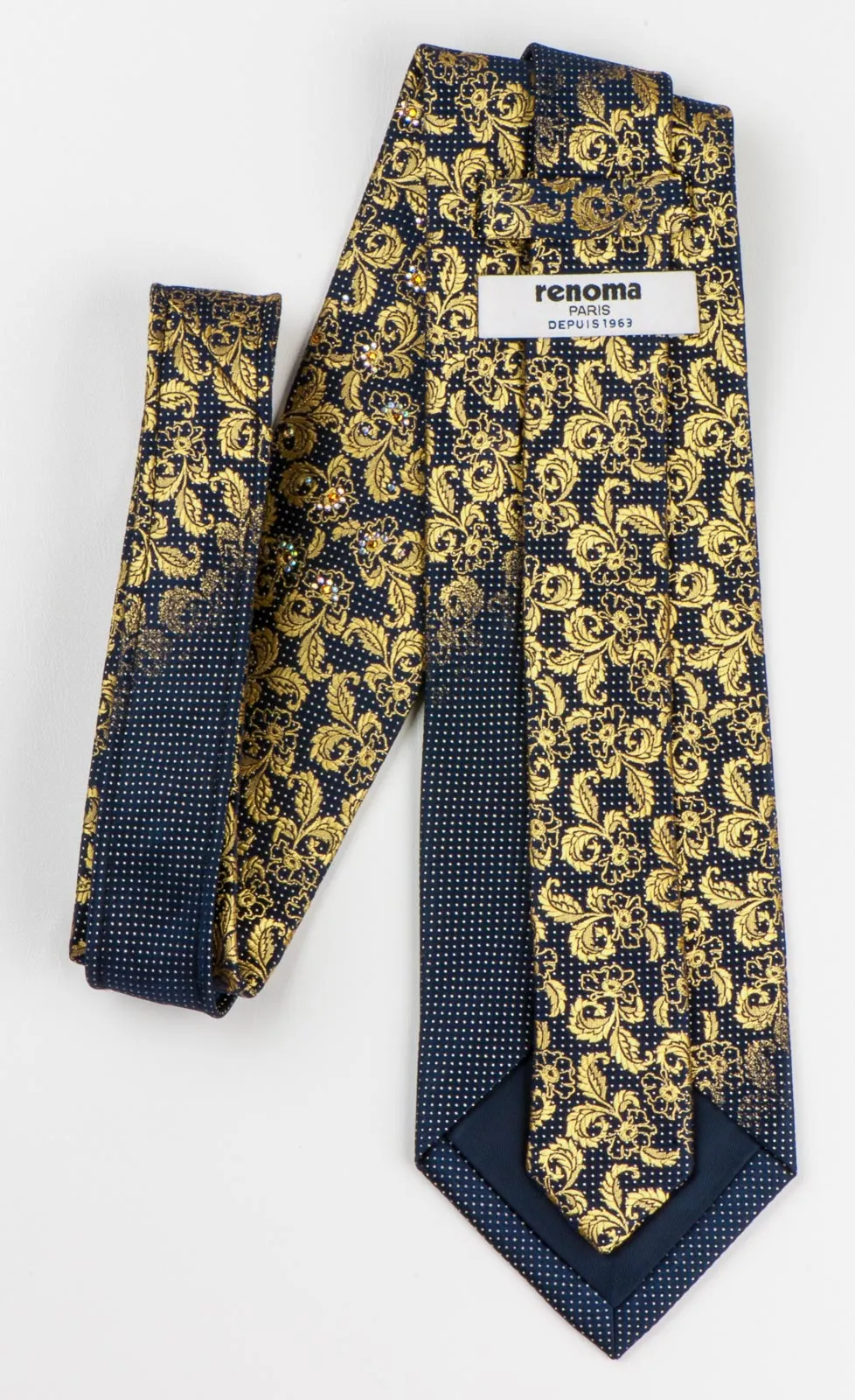 Renoma Rhinestone Tie Gold Floral Design On Navy Blue Silk Classic 3 1/2 Inch