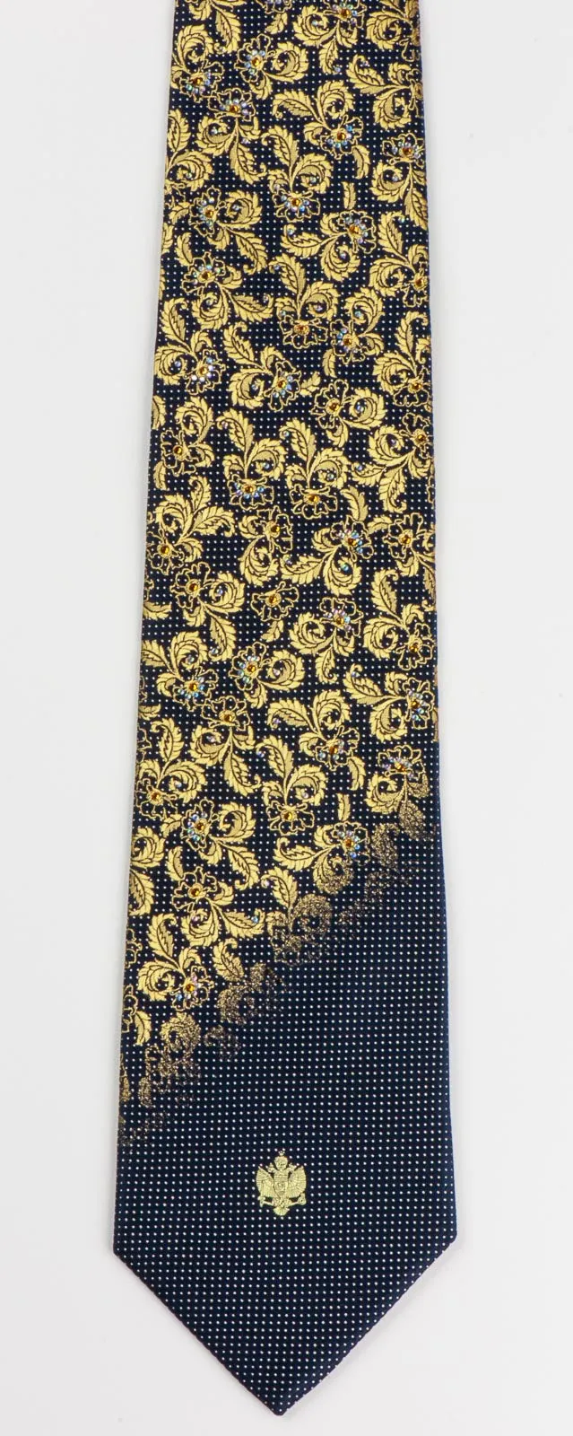Renoma Rhinestone Tie Gold Floral Design On Navy Blue Silk Classic 3 1/2 Inch