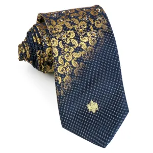 Renoma Rhinestone Tie Gold Floral Design On Navy Blue Silk Classic 3 1/2 Inch