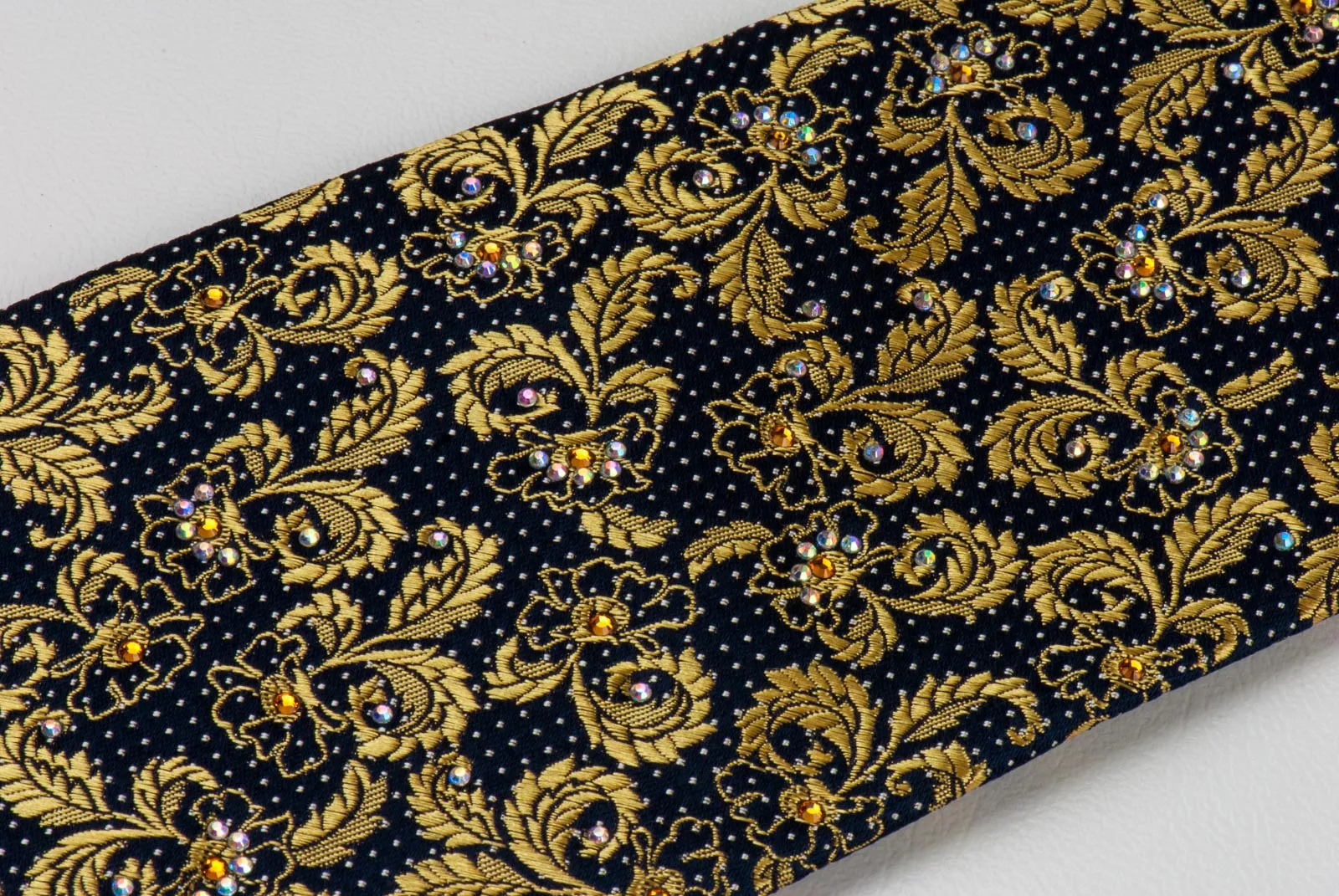 Renoma Rhinestone Tie Gold Floral Design On Navy Blue Silk Classic 3 1/2 Inch
