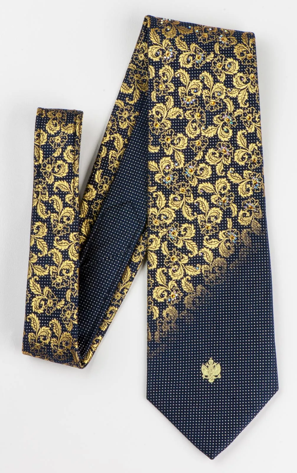 Renoma Rhinestone Tie Gold Floral Design On Navy Blue Silk Classic 3 1/2 Inch