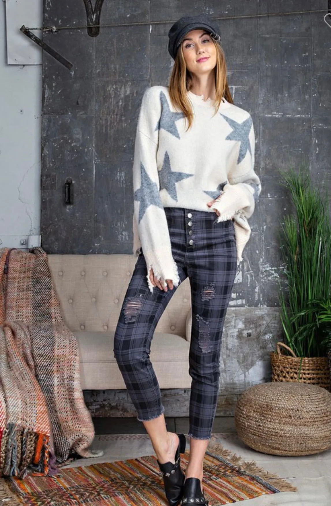 Retro Plaid Twill Skinny Pants