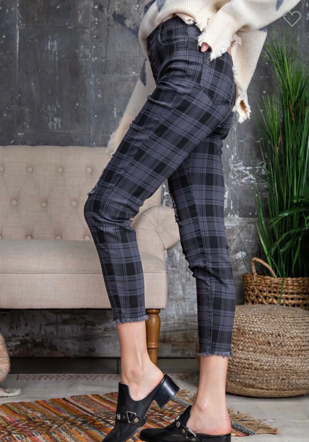 Retro Plaid Twill Skinny Pants