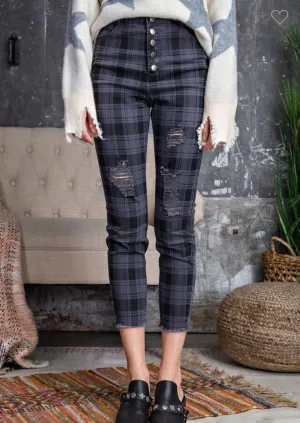 Retro Plaid Twill Skinny Pants