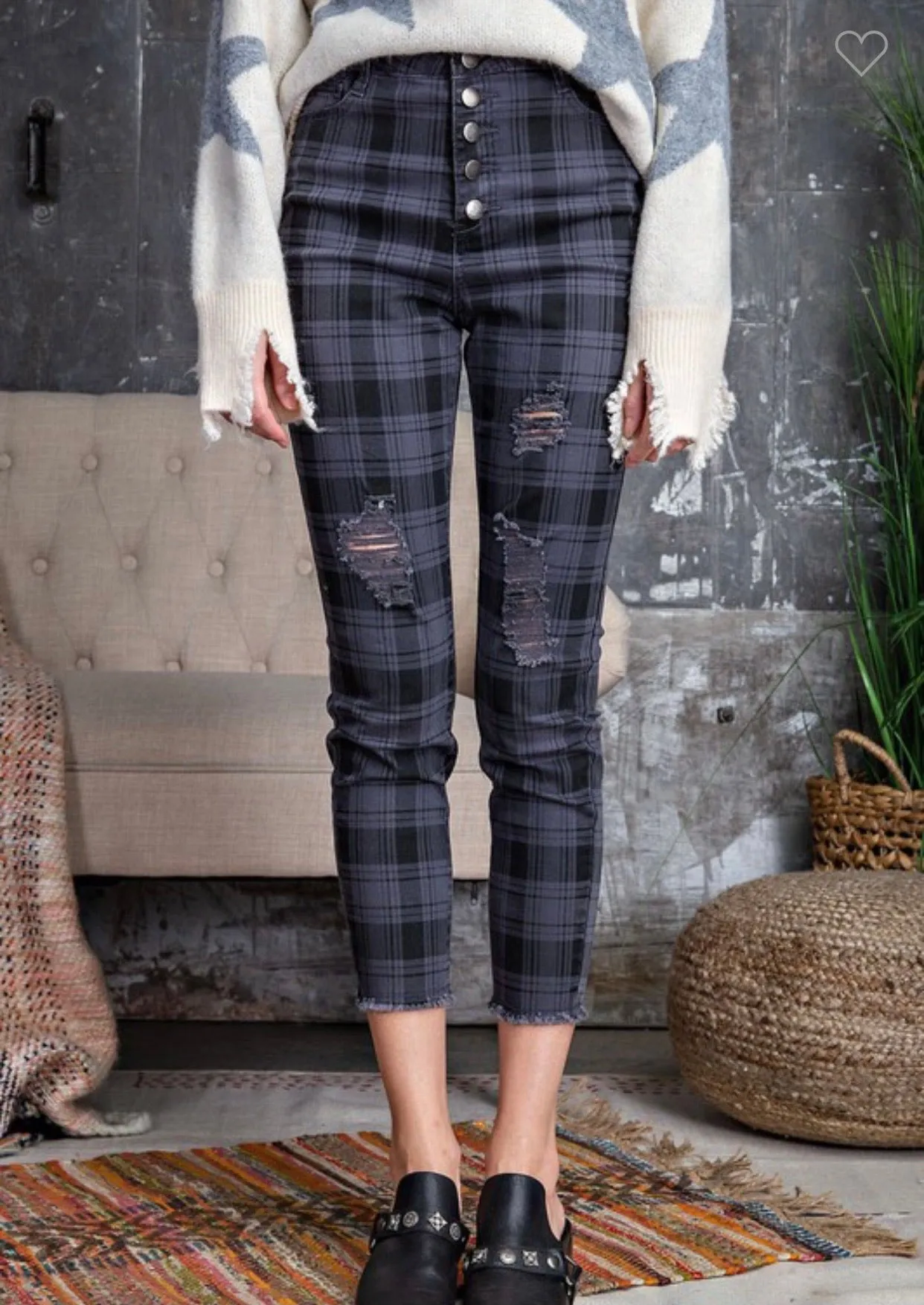Retro Plaid Twill Skinny Pants