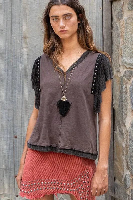 Studded Flutter Sleeve T shirt