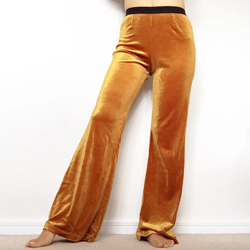 VELVET SLIGHTLY FLARE LEG TROUSERS WITH BLACK WAISTBAND