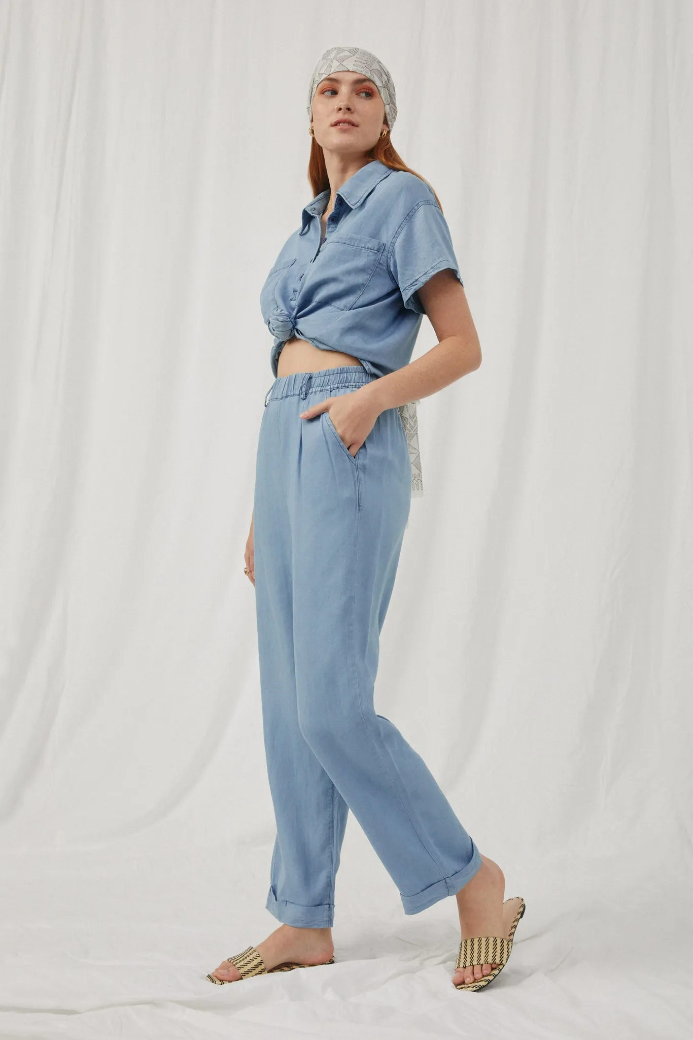 Washed Tencel Elastic Waist Wideleg Pants
