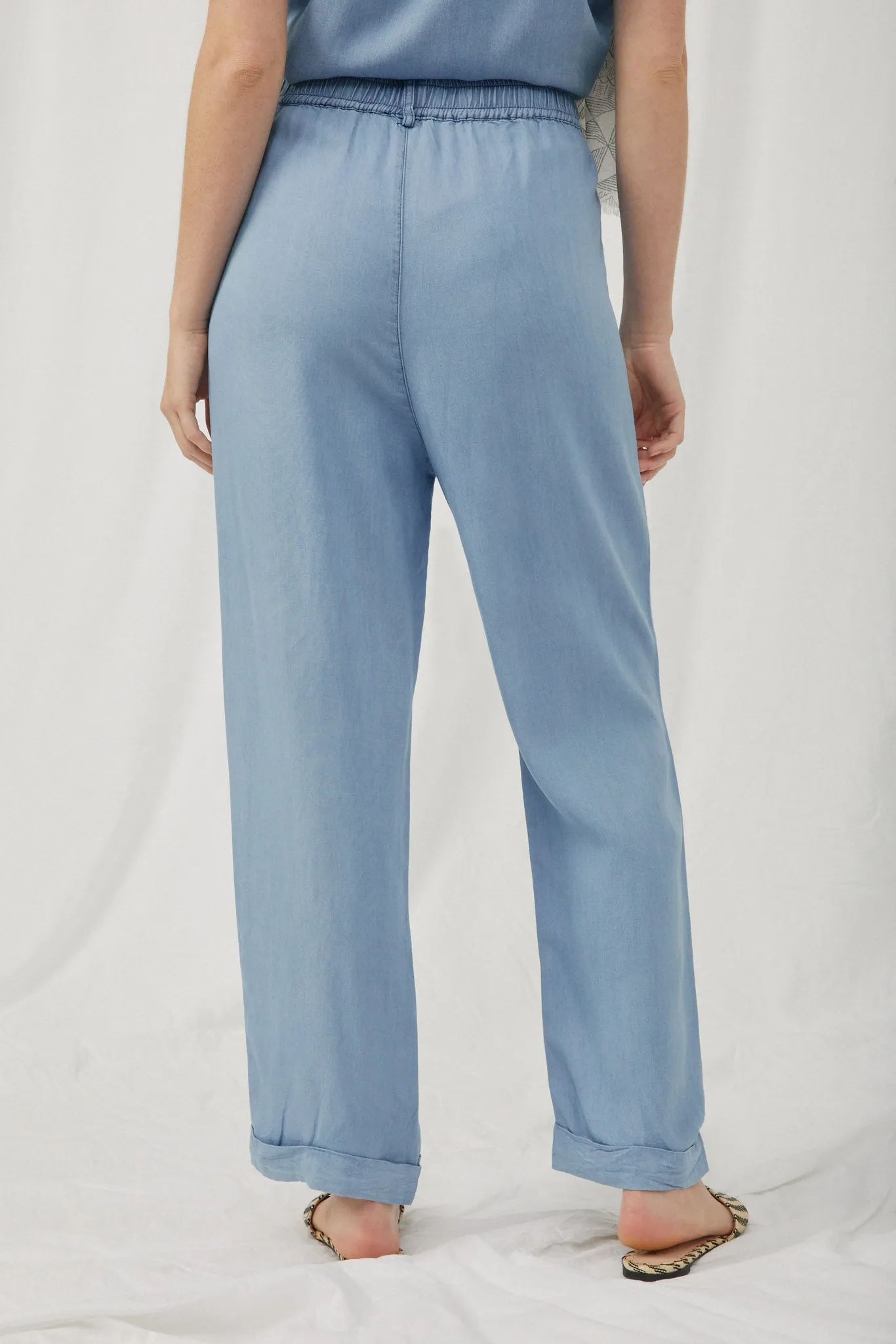 Washed Tencel Elastic Waist Wideleg Pants