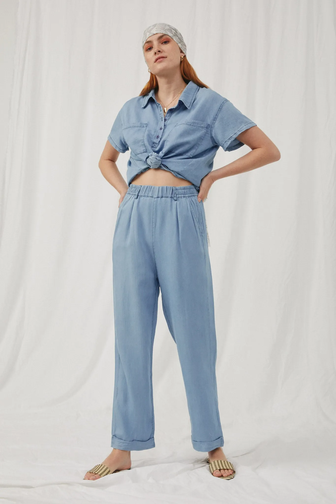 Washed Tencel Elastic Waist Wideleg Pants