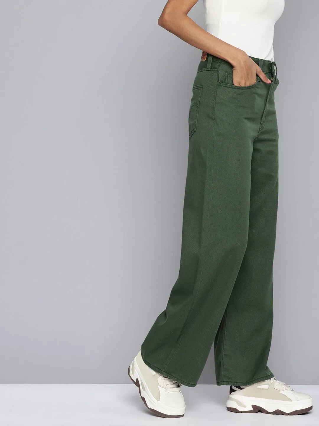 Women's Green Wideleg Fit High Rise Jeans