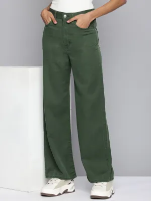 Women's Green Wideleg Fit High Rise Jeans