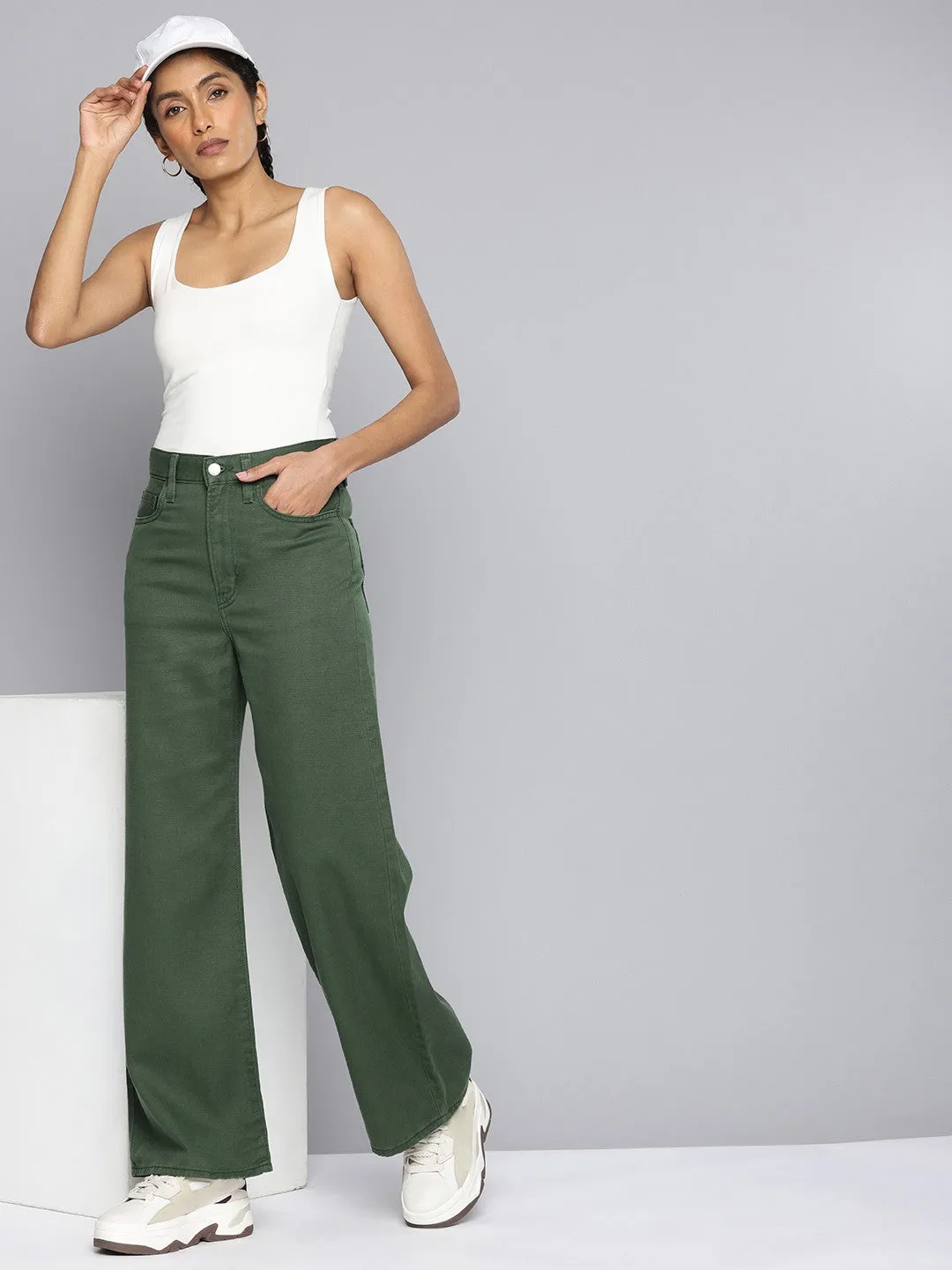 Women's Green Wideleg Fit High Rise Jeans