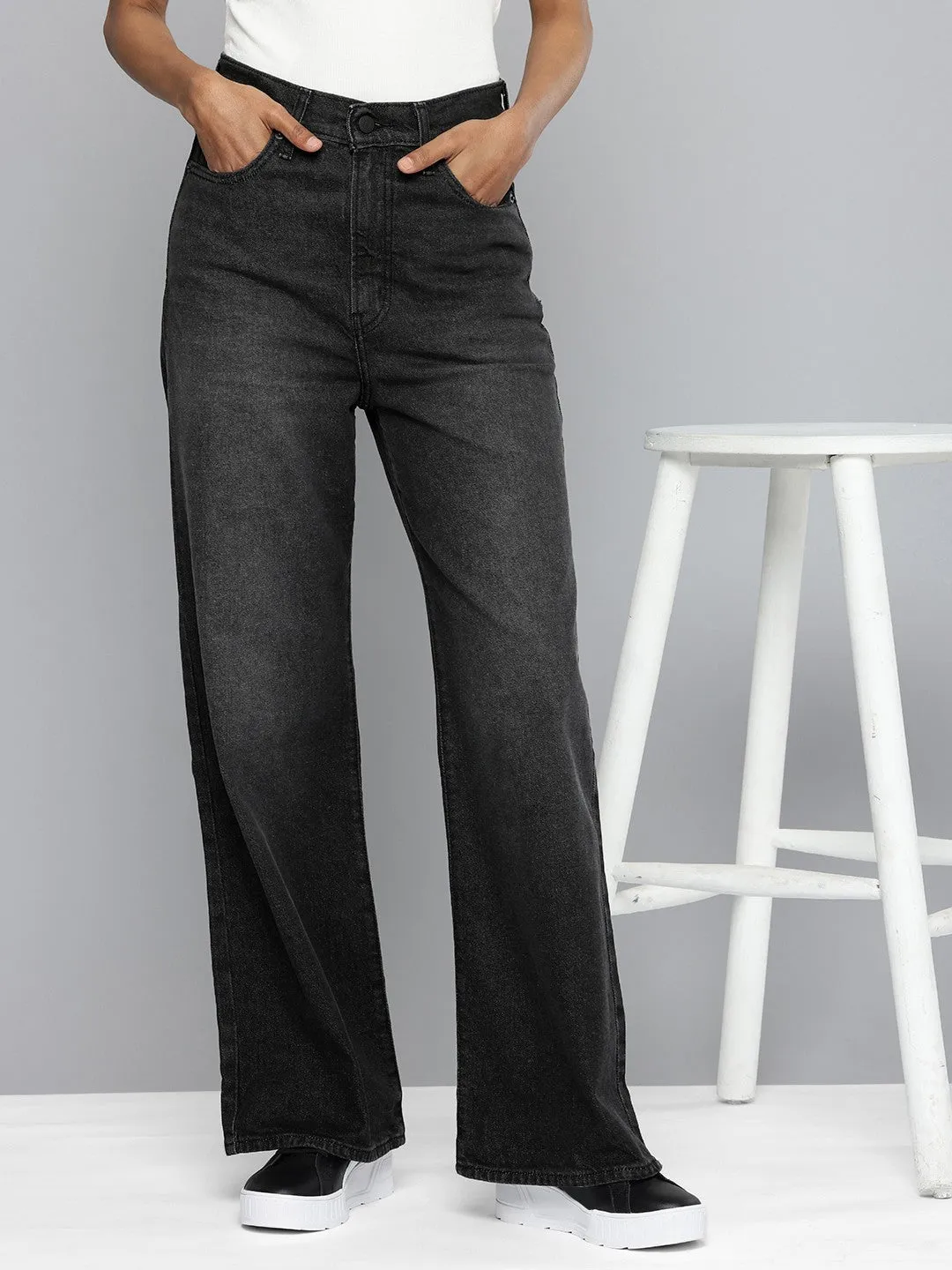Women's Grey Wideleg Fit High Rise Jeans