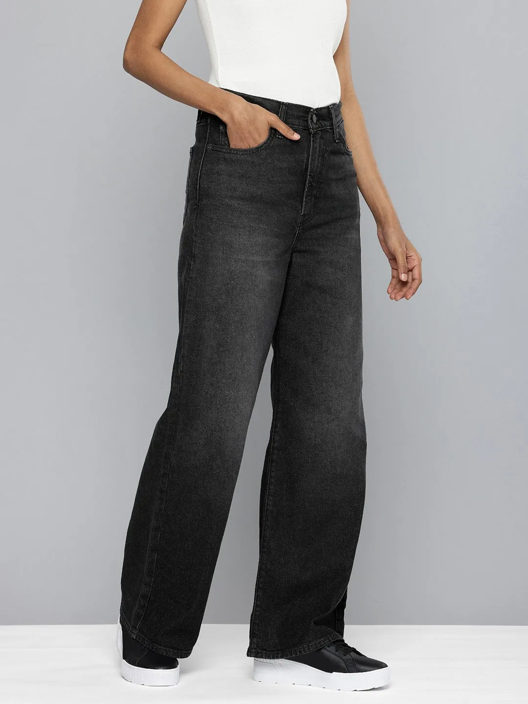 Women's Grey Wideleg Fit High Rise Jeans